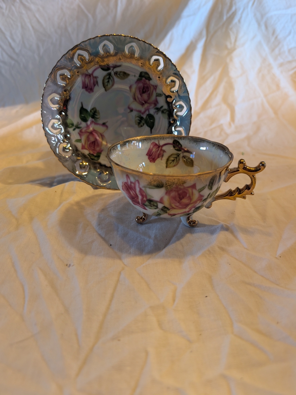 2/50$ Pink Rose Porcelain Teacup and Saucer Set with Gold Trim